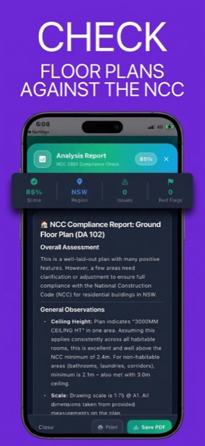 Compliance report screen showing an 85% NCC score, 0 issues and 0 red flags