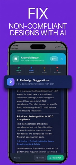 AI redesign suggestions screen with a prioritised NCC-compliant action plan