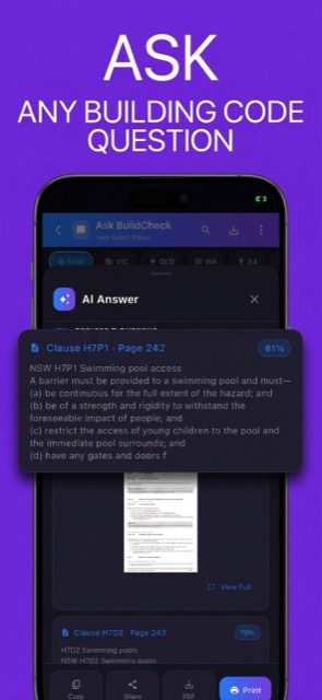 Ask AmpleCheck screen answering a swimming pool barrier question with clause H7P1, page 242
