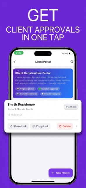 Client Portal screen for the Smith Residence with share link, copy link and variation approval options